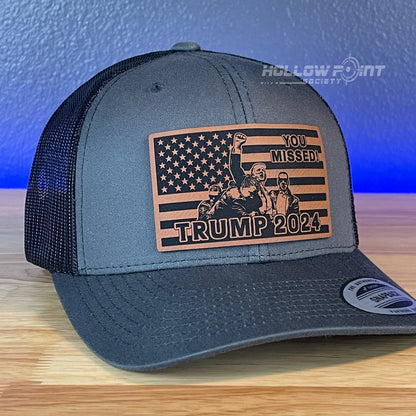 Trump Hat YOU MISSED Flag SnapBack Trucker Rawhide Leather Patch Hat Charcoal - Hollow Point Society - Patch Hat