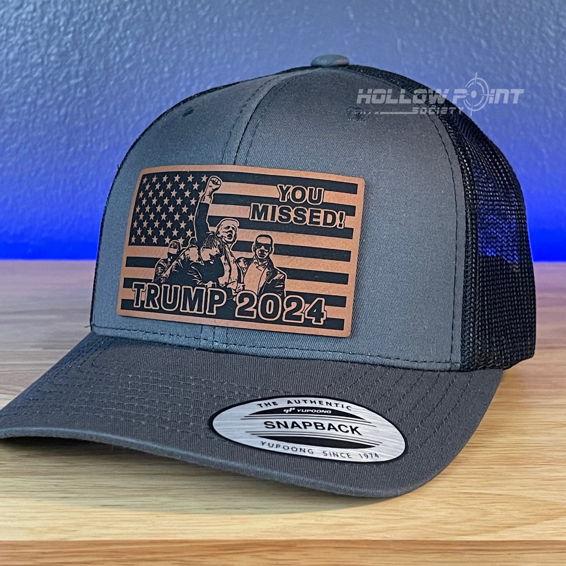 Trump Hat YOU MISSED Flag SnapBack Trucker Rawhide Leather Patch Hat Charcoal - Hollow Point Society - Patch Hat