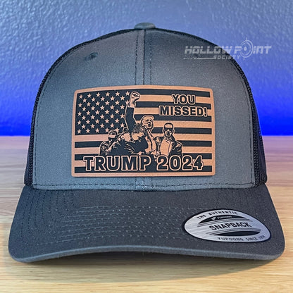 Trump Hat YOU MISSED Flag SnapBack Trucker Rawhide Leather Patch Hat Charcoal - Hollow Point Society - Patch Hat