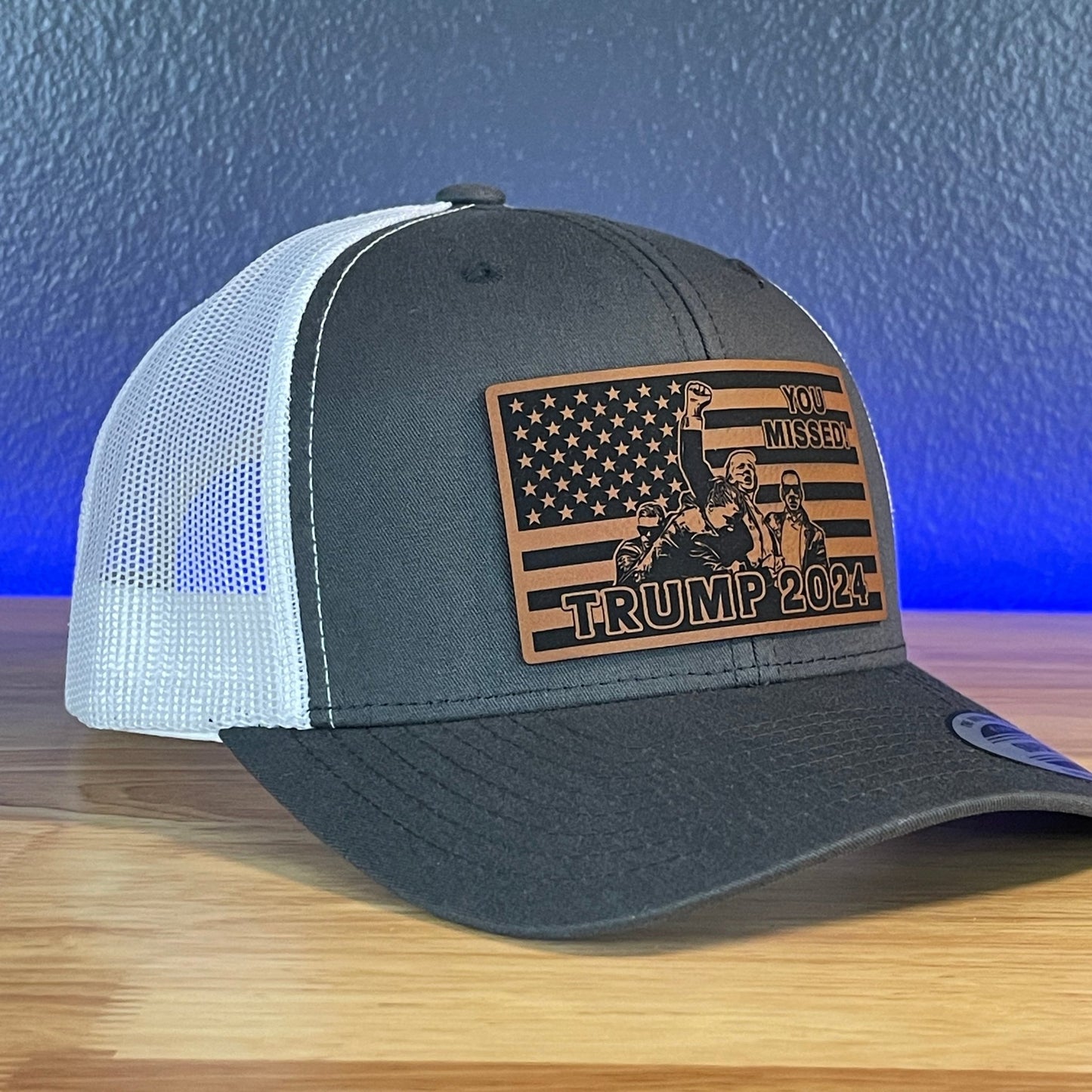 You Missed Trump 2024 Flag SnapBack Trucker Rawhide Leather Patch Hat Charcoal/White - Hollow Point Society - Patch Hat