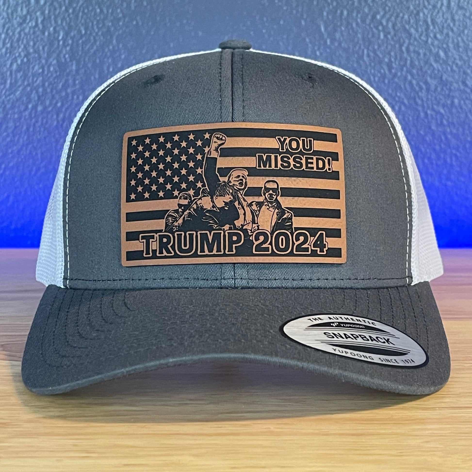 You Missed Trump 2024 Flag SnapBack Trucker Rawhide Leather Patch Hat Charcoal/White - Hollow Point Society - Patch Hat