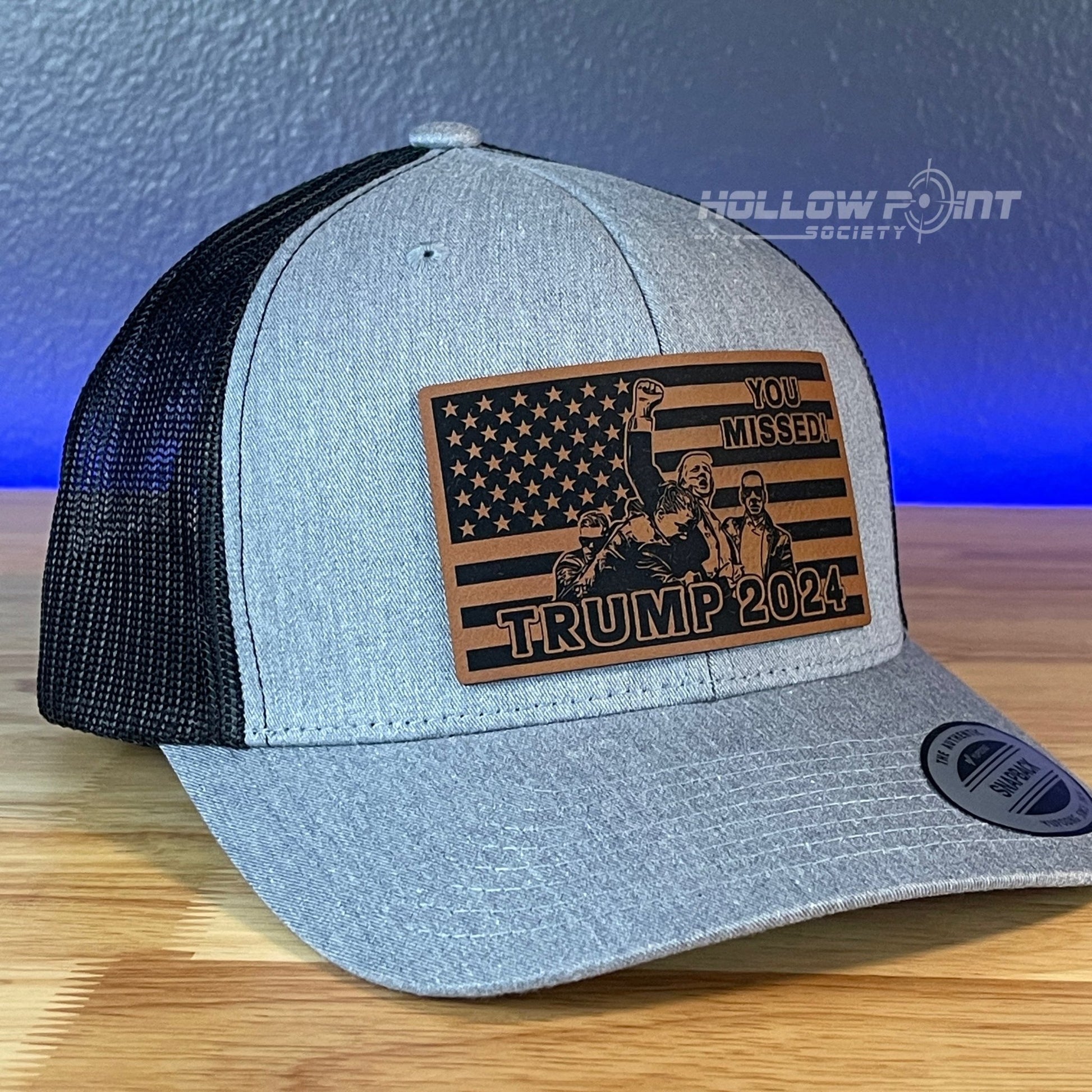 YOU MISSED TRUMP 2024 FLAG SnapBack Trucker Rawhide Leather Patch Hat - Hollow Point Society - Patch Hat