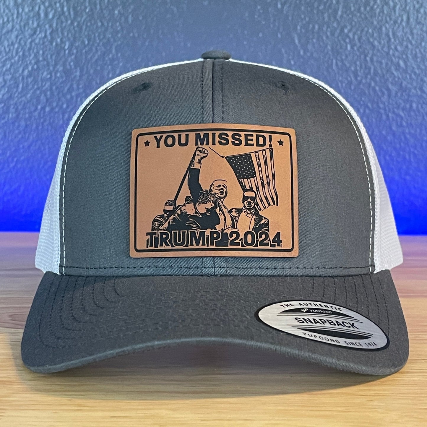 You Missed Trump 2024 SnapBack Trucker Hat Square Rawhide Leather Patch Charcoal/White - Hollow Point Society - Patch Hat