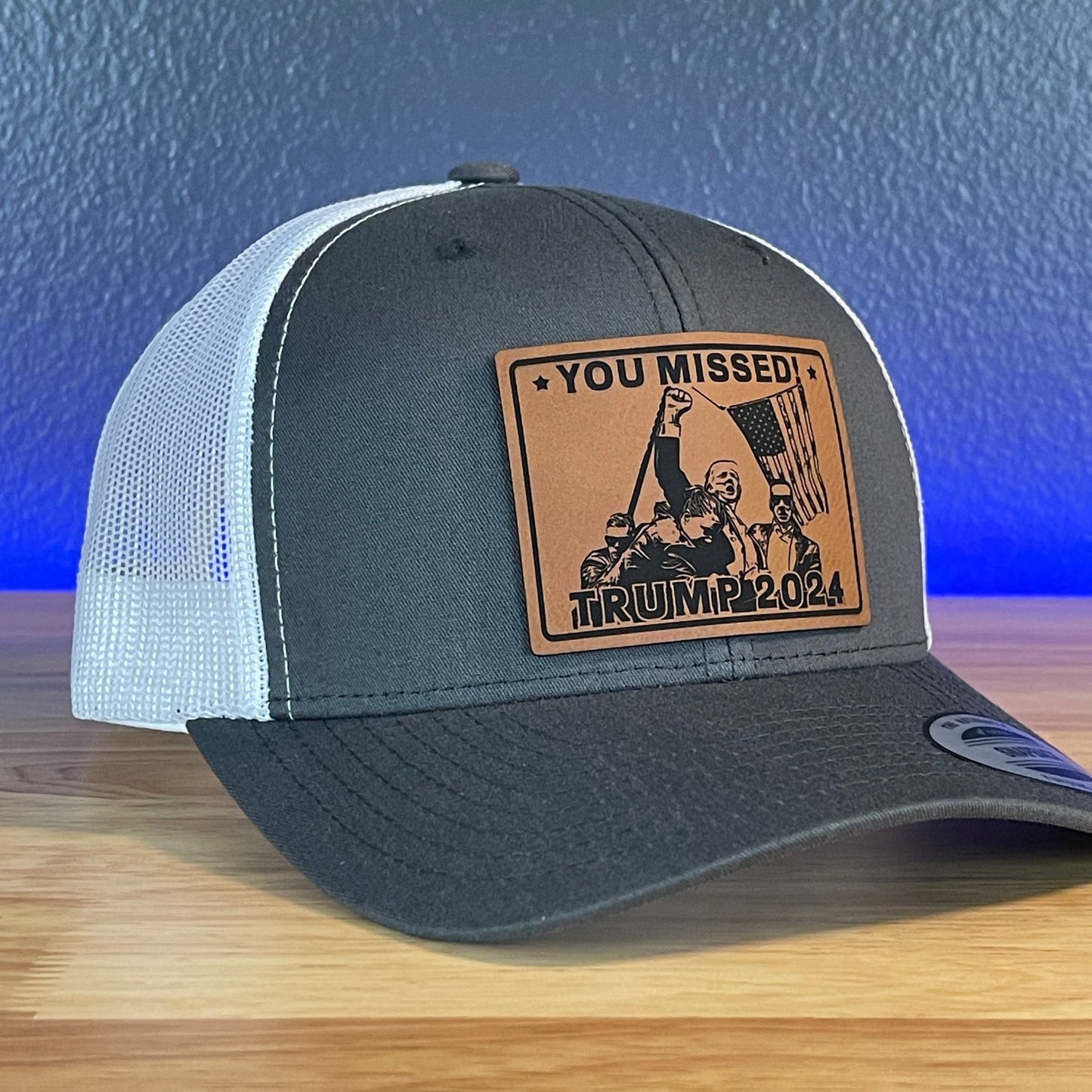 You Missed Trump 2024 SnapBack Trucker Hat Square Rawhide Leather Patch Charcoal/White - Hollow Point Society - Patch Hat