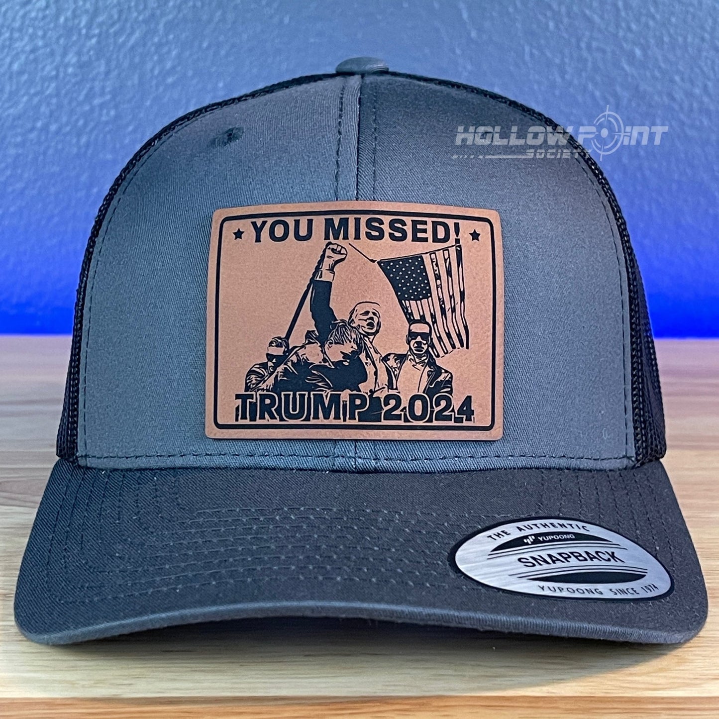 Trump Hat YOU MISSED SnapBack Trucker Rawhide Leather Patch Charcoal Hat - Hollow Point Society - Patch Hat